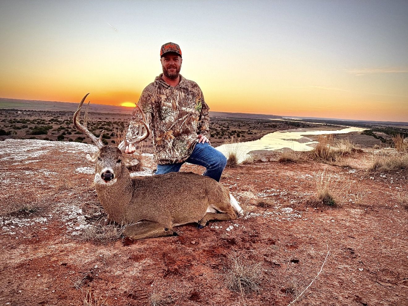 A mature whitetail on the bluffs at sunset above the river
