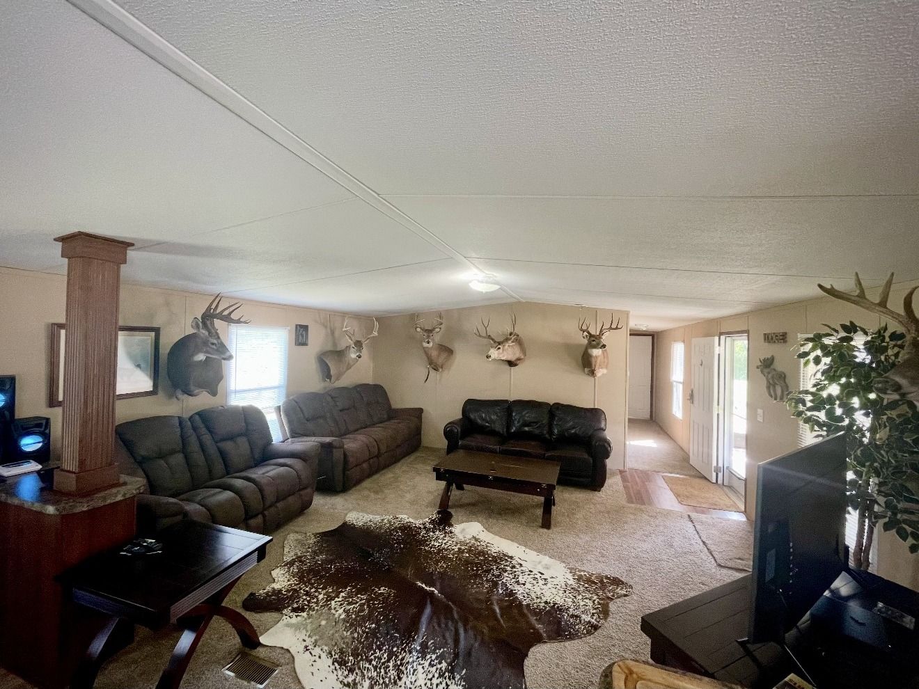 Living room lined with whitetail mounts at our Woods County camp