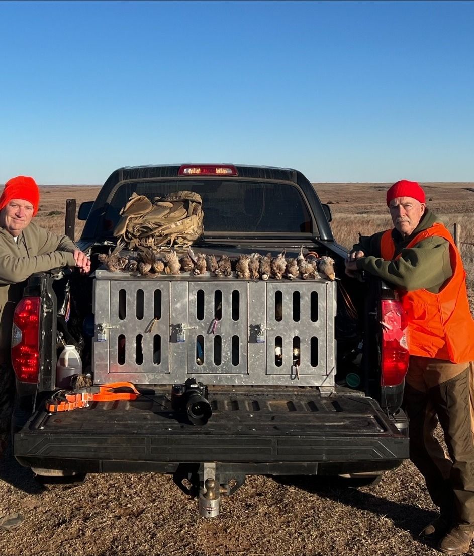 Hunters and dog boxes at the truck after a wild bird hunt